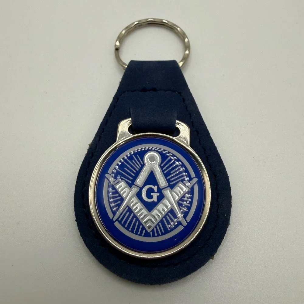 Vintage Masonic Keychain Square & Compass Blue Base Metal Fob Key Ring Accessory
